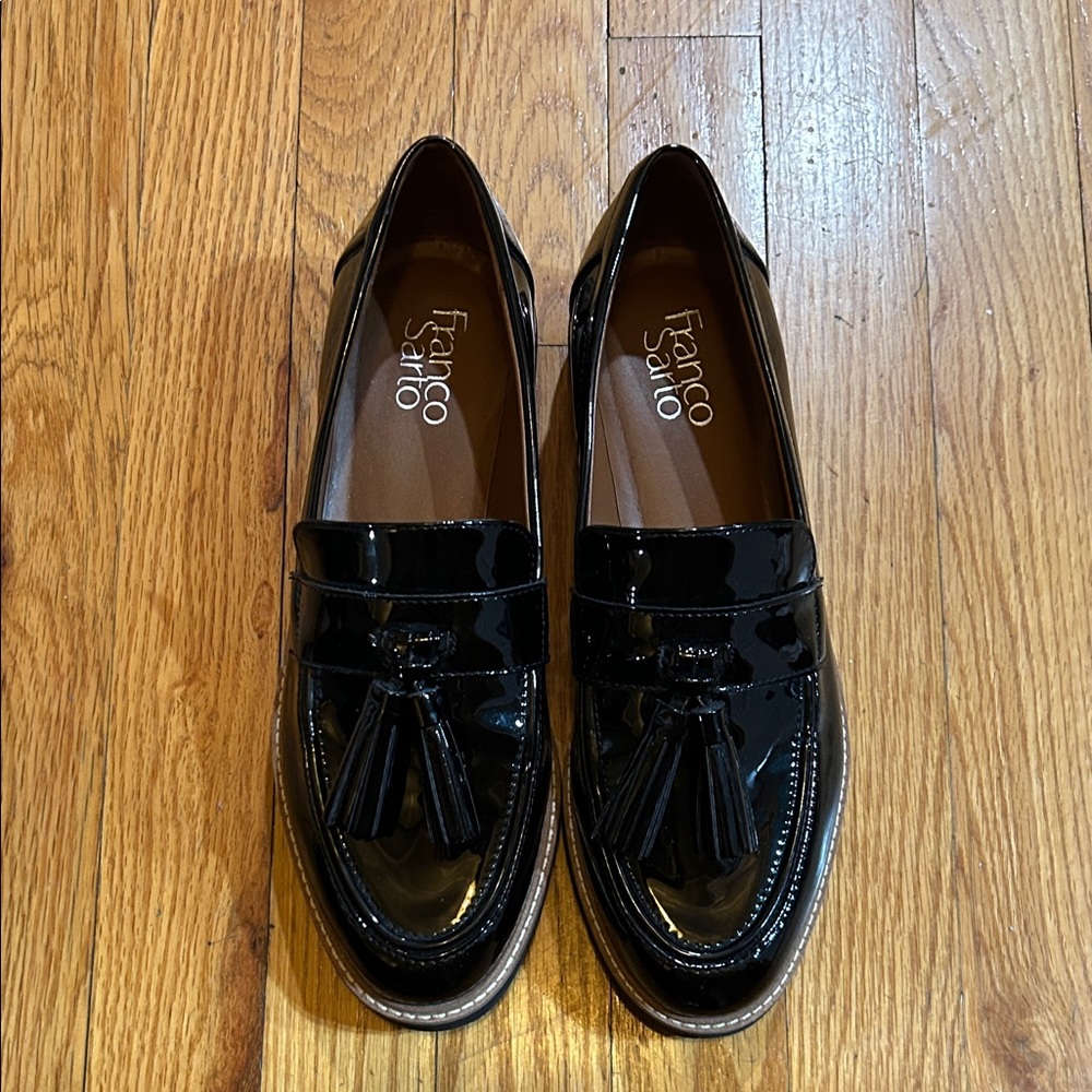 Franco Sarto Women's Carolynn Lug Sole Tassel Loafers - Black Faux Patent (8.5)